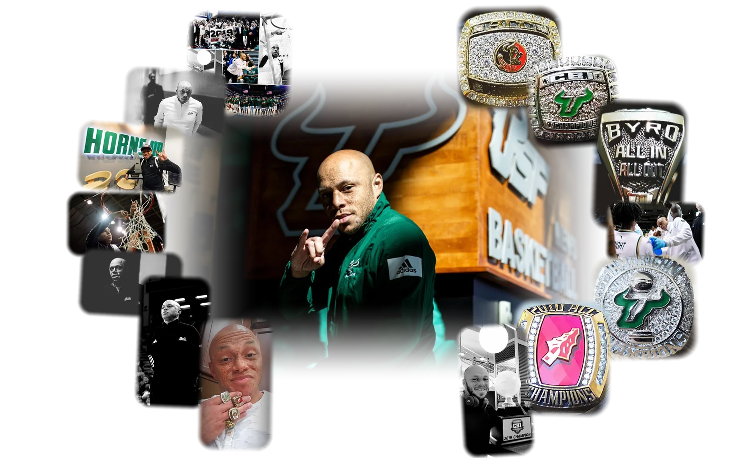Greg Byrd — Founder and CEO of Apiece Inc, surrounded by championship rings, NCAA post-season moments and community photos